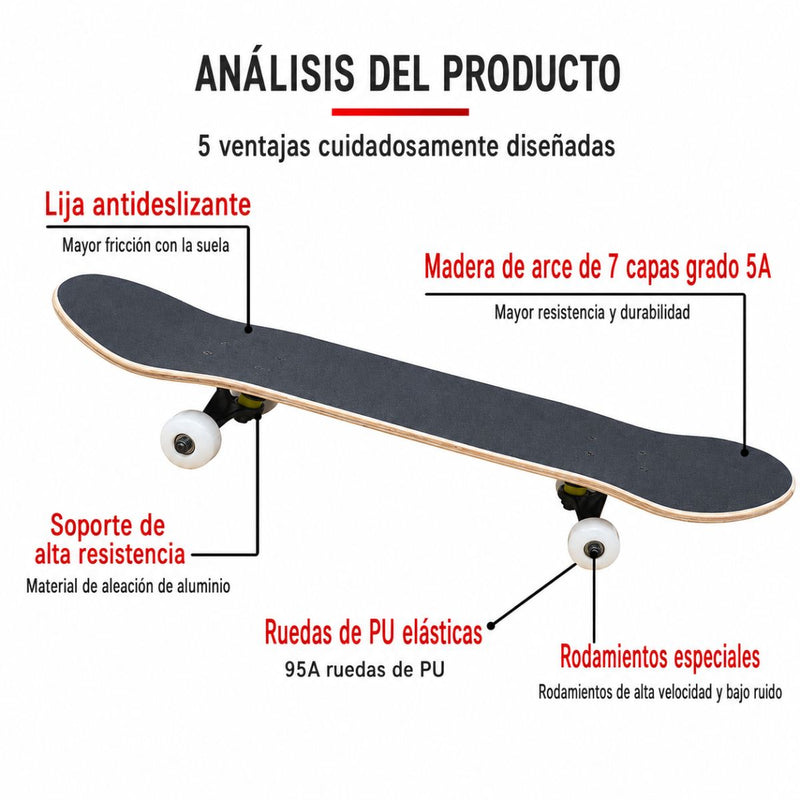 Patineta Skateboard Profesional 31” 7 Capas Maple 5A con Ruedas 95A y Base Aluminio para Niños y Adultos