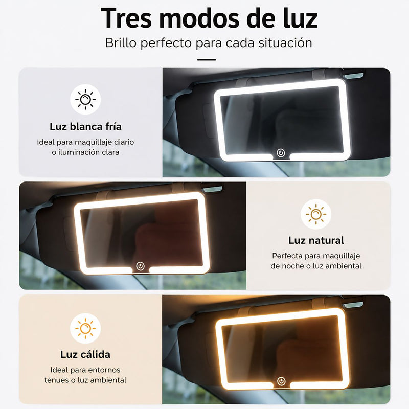 Espejo de maquillaje LED para Visera de Carro Touch Recargable USB Tipo C. Espejo  Portátil Luz Blanca y Cálida (23.5x12.7cm)