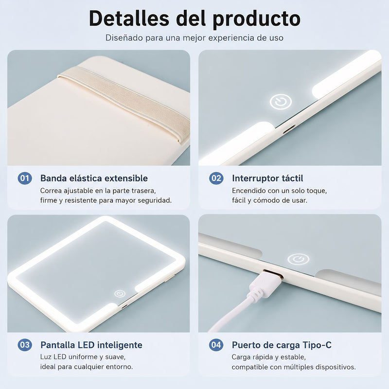 Espejo de maquillaje LED para Visera de Carro Touch Recargable USB Tipo C. Espejo  Portátil Luz Blanca y Cálida (23.5x12.7cm)