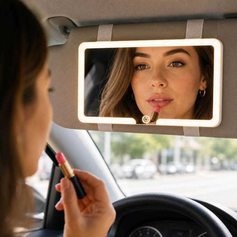 Espejo de maquillaje LED para Visera de Carro Touch Recargable USB Tipo C. Espejo  Portátil Luz Blanca y Cálida (23.5x12.7cm)