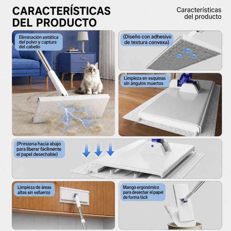 Trapeador Clip Mop Plano Electrostático. Mop Flexible Para Piso y Paredes Atrapa Polvo Pelo Mascota Limpia Vidrio y Debajo de Muebles (125x25cm)