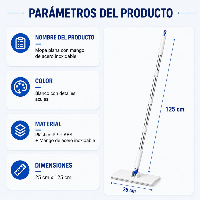 Trapeador Clip Mop Plano Electrostático. Mop Flexible Para Piso y Paredes Atrapa Polvo Pelo Mascota Limpia Vidrio y Debajo de Muebles (125x25cm)
