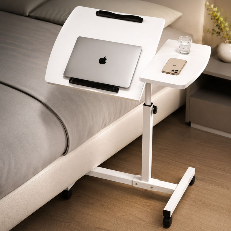 Mesa Auxiliar Plegable para Cama, Sofá y Laptop con Ruedas. Mesita Multifuncional con Altura Ajustable. Blanca (40+20x40cm)