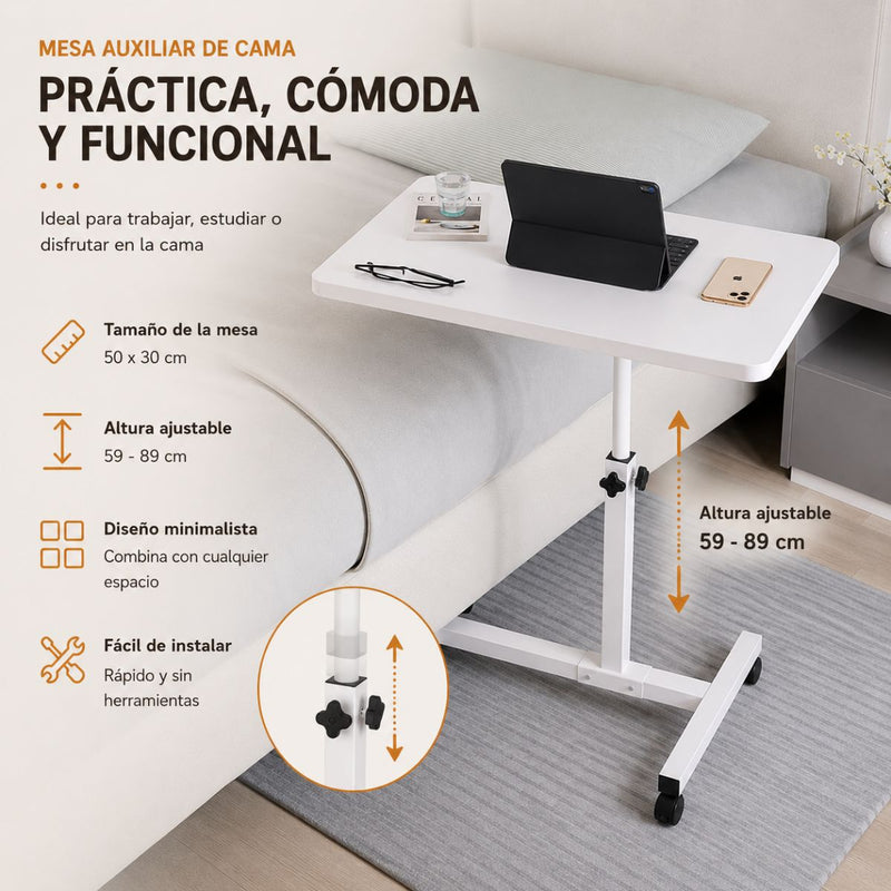 Mesa auxiliar de cama plegable con ruedas 360, altura graduable, versión reforzada blanca sin barras (30x50 cm)