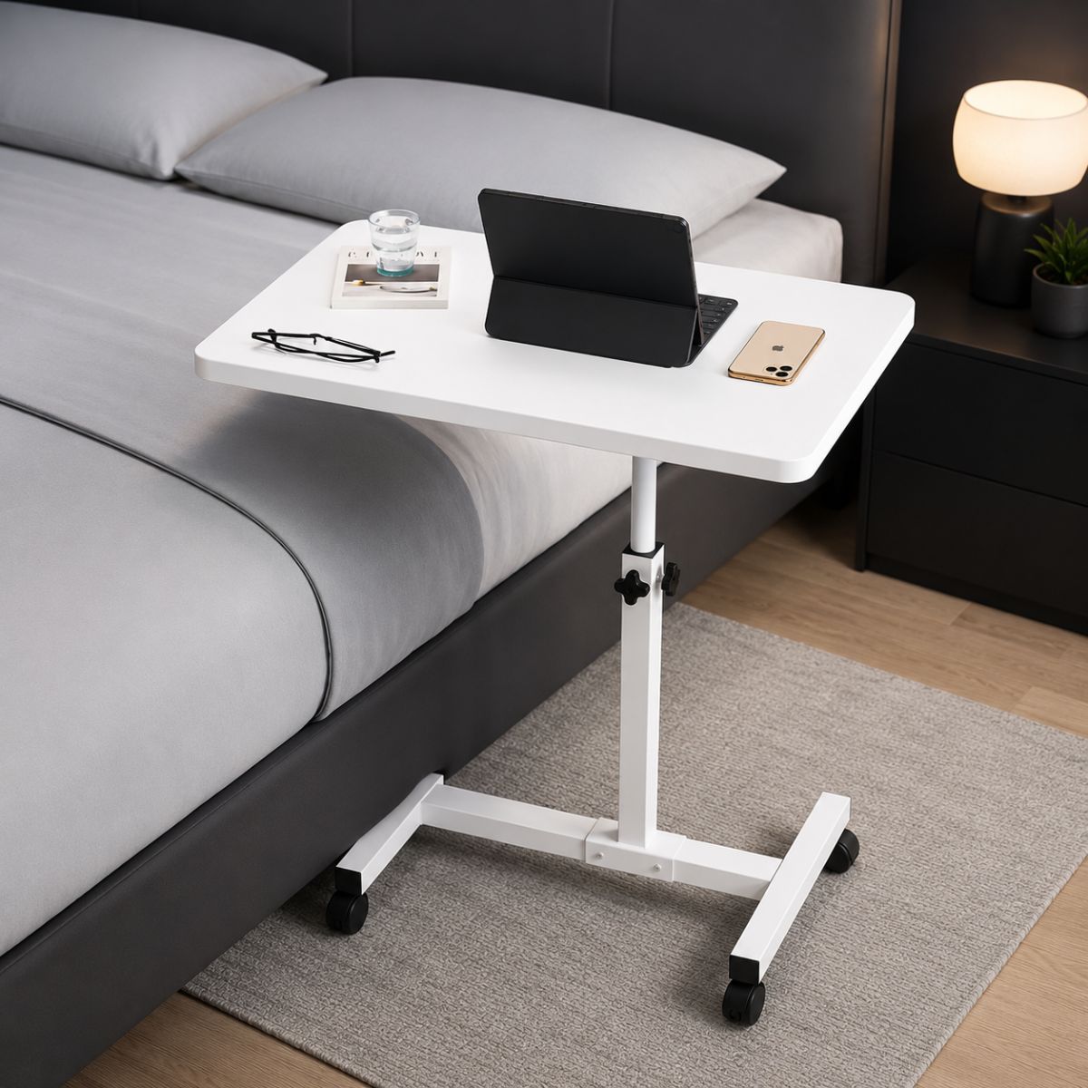 Mesa auxiliar de cama plegable con ruedas 360, altura graduable, versión reforzada blanca sin barras (30x50 cm)