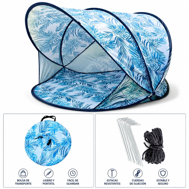 Carpa de Playa Pop Up Automática con Ventana y Protecciòn UV 40+. Tienda toldo playero Estampado hojas azules (130x130x100 cm)