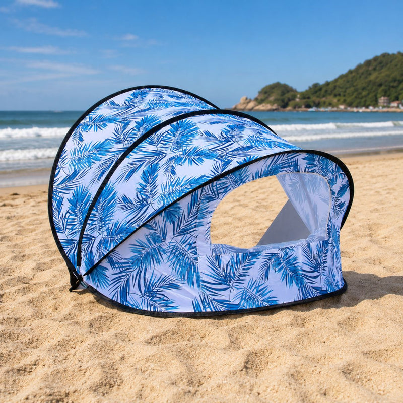 Carpa de Playa Pop Up Automática con Ventana y Protecciòn UV 40+. Tienda toldo playero Estampado hojas azules (130x130x100 cm)