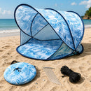 Carpa de Playa Pop Up Automática con Ventana y Protecciòn UV 40+. Tienda toldo playero Estampado hojas azules (130x130x100 cm)