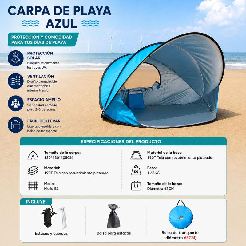 Carpa playera pop up automática con tapete antihumedad, ventana lateral y protección UV40+. Azul. Tolda Color Azul (130x130x105cm)