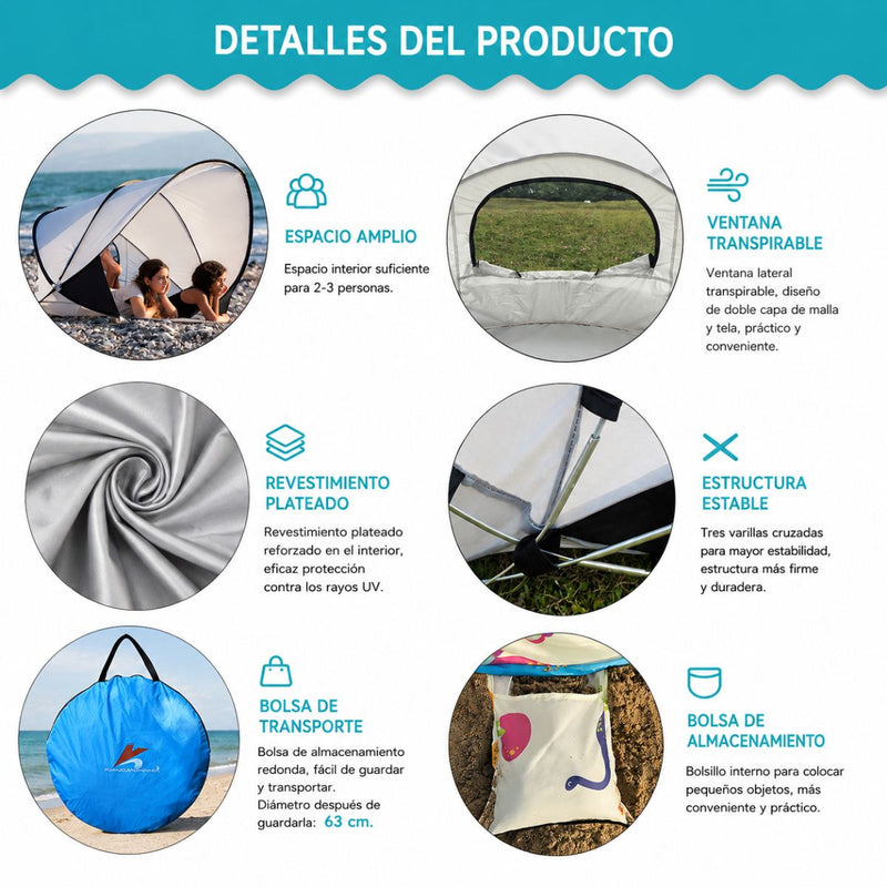 Carpa playera pop up automática con tapete antihumedad, ventana lateral y protección UV40+. Azul. Tolda Color Azul (130x130x105cm)