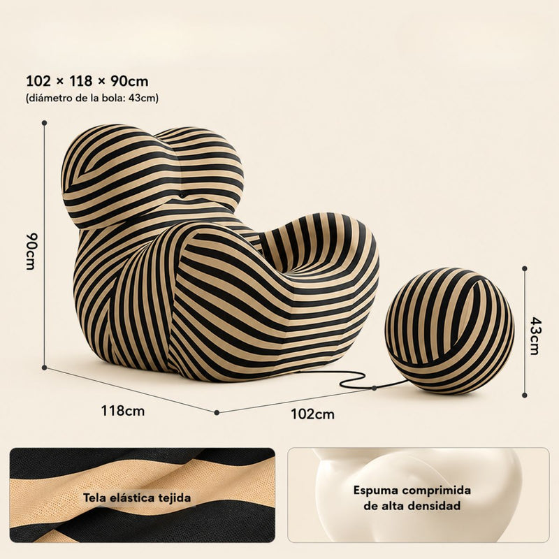 Sillón Ergonómico Moderno con Puff Redondo Sofá Lounge de Espuma Alta Densidad. Empacado al Vacío (102x118x90cm) Color Negro y Beige.