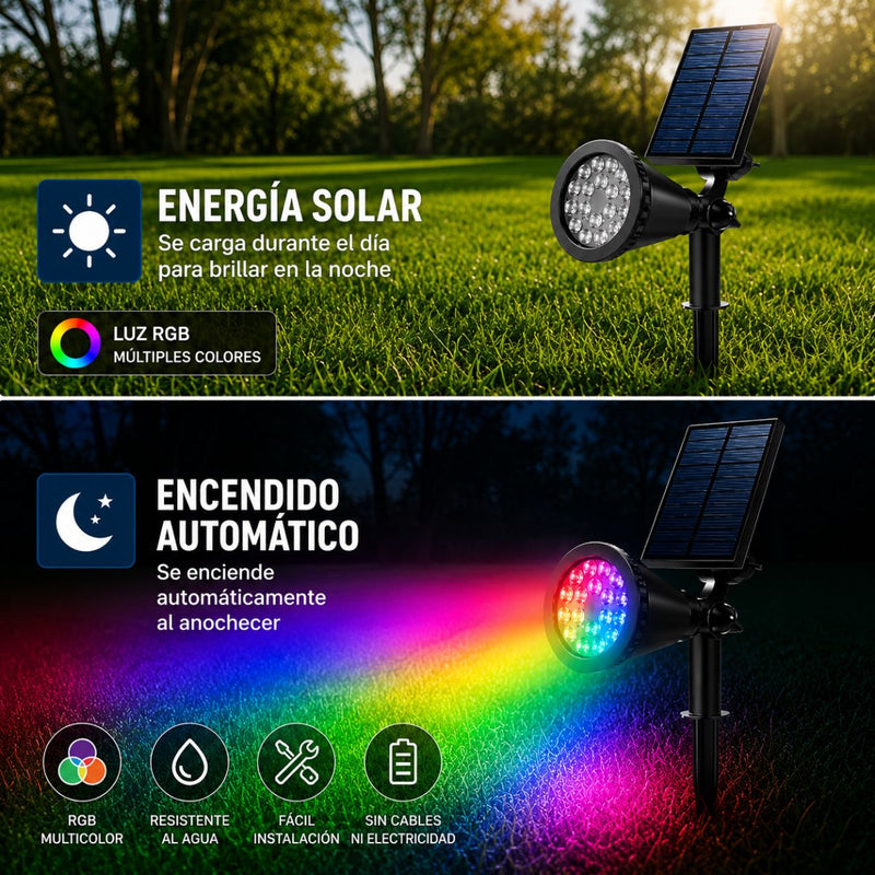Foco Lampara Solar para césped o pared 18LED RGB. Lampara negra Con Panel Sol Integrado. Reflector Solar Para Jardín. Ilumina hasta 7 metros.