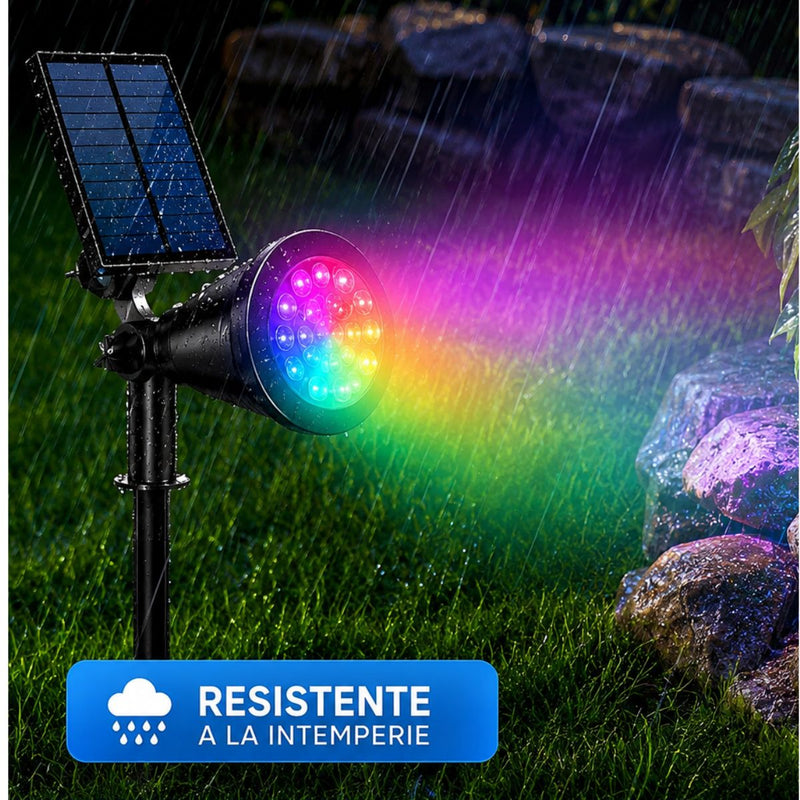 Foco Lampara Solar para césped o pared 18LED RGB. Lampara negra Con Panel Sol Integrado. Reflector Solar Para Jardín. Ilumina hasta 7 metros.