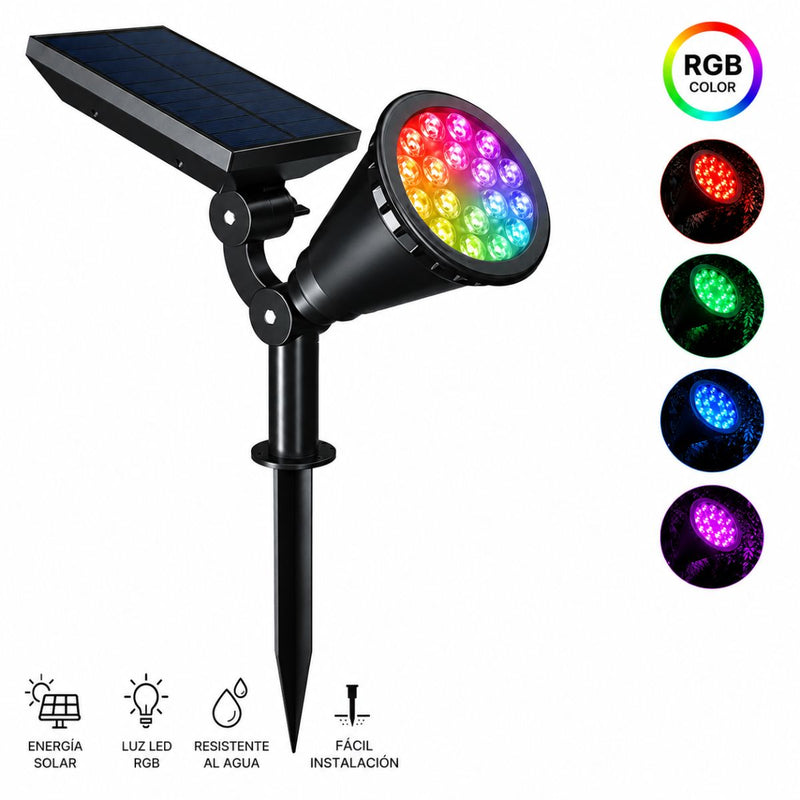 Foco Lampara Solar para césped o pared 18LED RGB. Lampara negra Con Panel Sol Integrado. Reflector Solar Para Jardín. Ilumina hasta 7 metros.