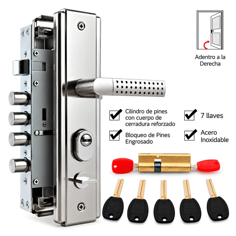 Cerradura De Seguridad Embutida Para Puertas Metálicas 20cm x 6.5cm. Con Cilindro De Acero Inoxidable. Incluye 7 Llaves.  Apertura Derecha Hacia Adentro