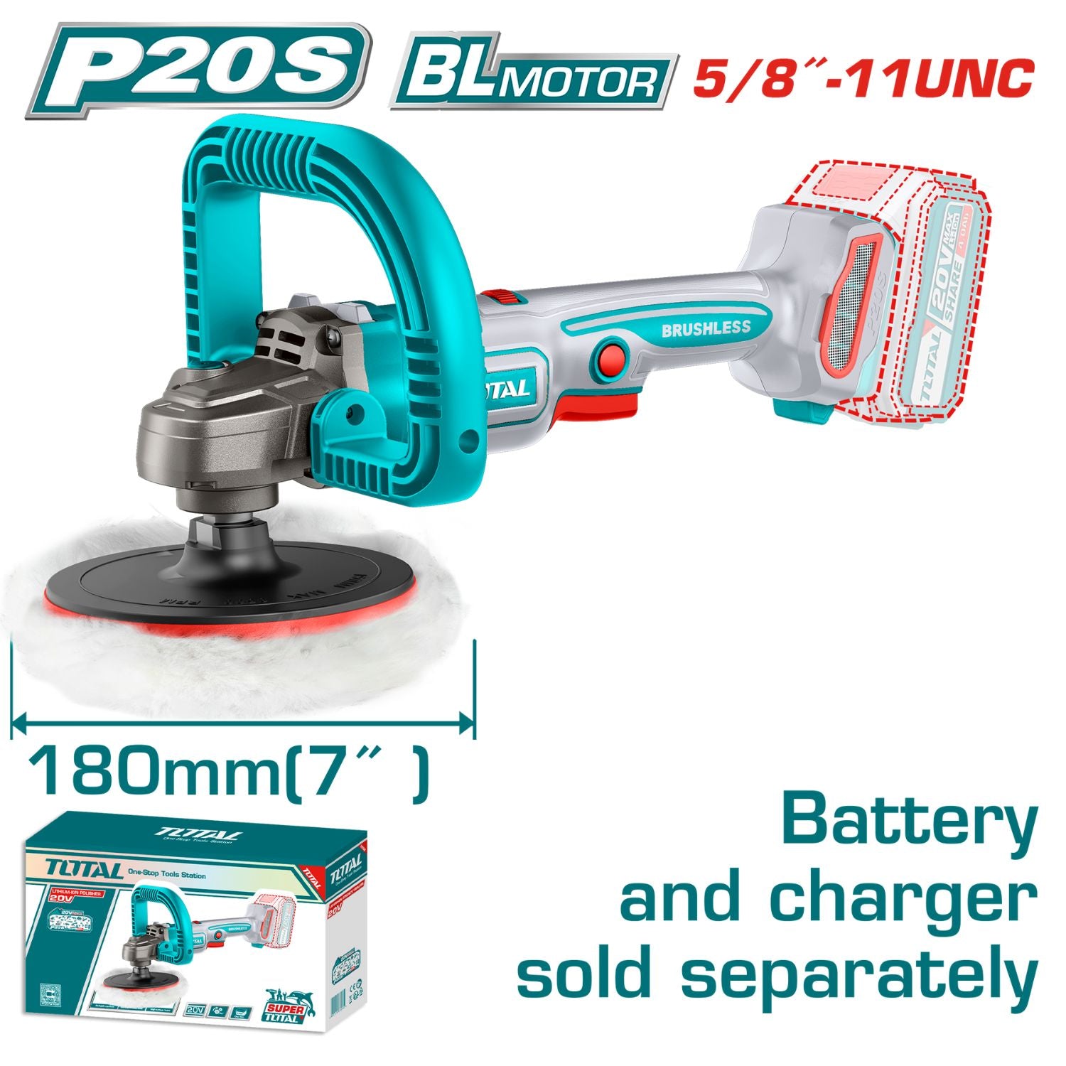 Pulidora de felpa M14 inalámbrica de 180mm (7").  Vel. 400-2500 rpm. No incluye batería ni cargador.