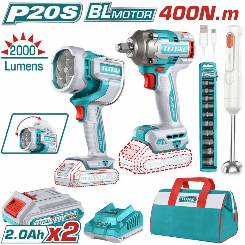 Combo del mes Total Llave de impacto 1/2” 400Nm sin escobillas. Lámpara de trabajo 20V LED 24W. Licuadora de mano 60W 7.4V Incluye Batería y Cargador POCAS UNIDADES