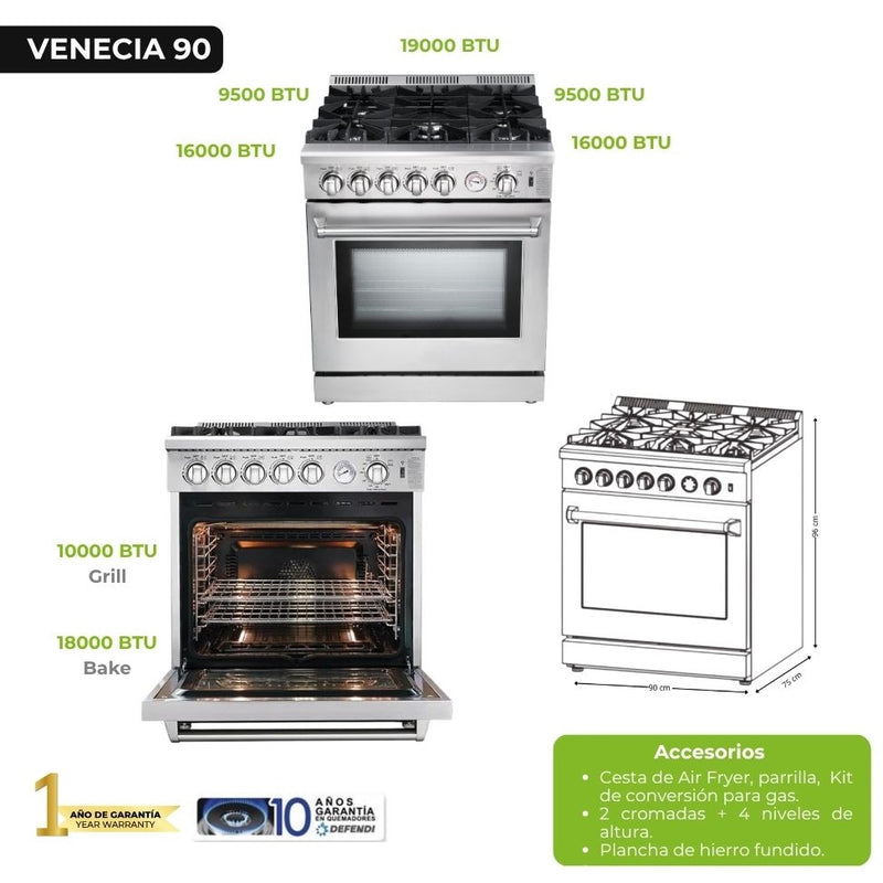 Estufa a gas Venecia 90. Color Inox.
