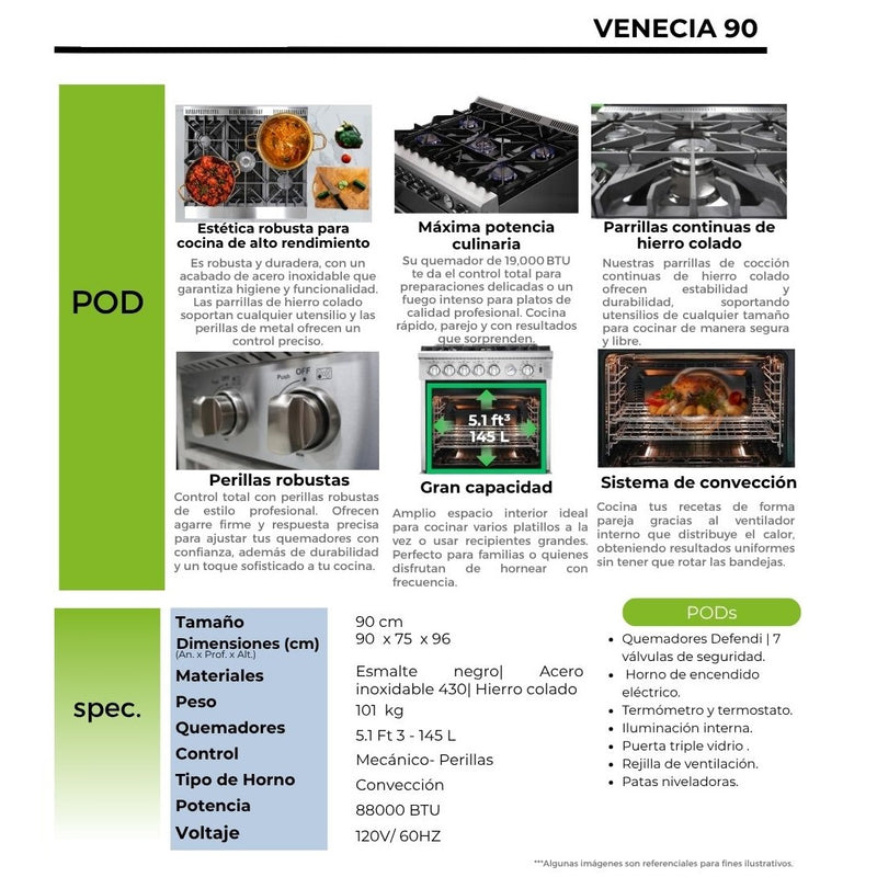 Estufa a gas Venecia 90. Color Inox.