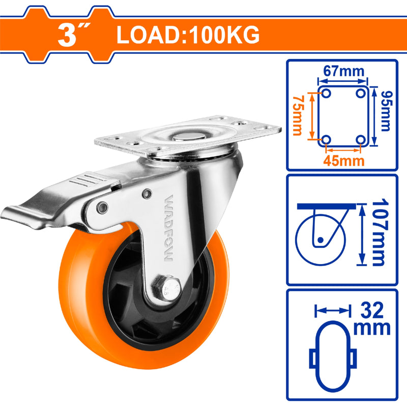 Rueda giratoria freno Serie trabajo mediano 3" Capacidad por rueda 100kg Poliuretano PU naranja