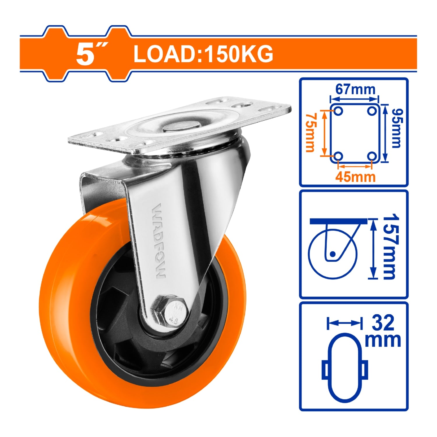 Rueda giratoria 5" Serie trabajo pesado Carga 150Kg Poliuretano PU naranja