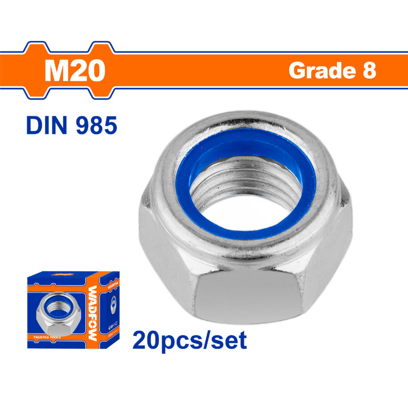 Tuercas de Seguridad Inserto de Nylon. Acero al carbono M20. Galvanizado. 20 pzas.