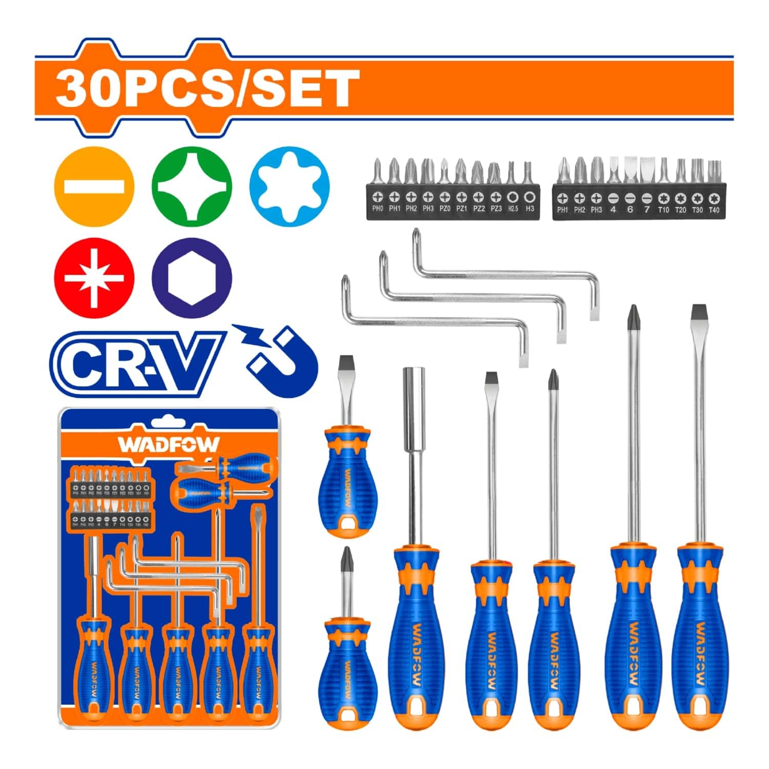 Destornilladores Magnéticos Variados Incluye Puntas. Cr-V. Set 30 Piezas. Juego