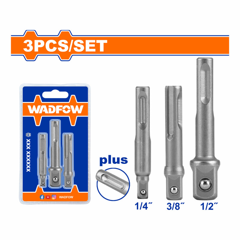 Adaptadores para sockets 1/4", 3/8", 1/2". SDS Plus. Material 50BV30. Set de 3 piezas.