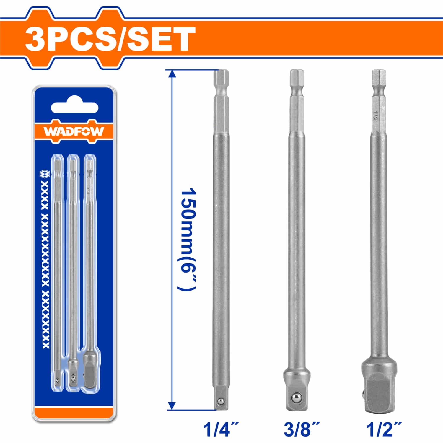 Adaptadores para sockets hexagonal 1/4", 3/8", 1/2". Material 50BV30. Set de 3 piezas.