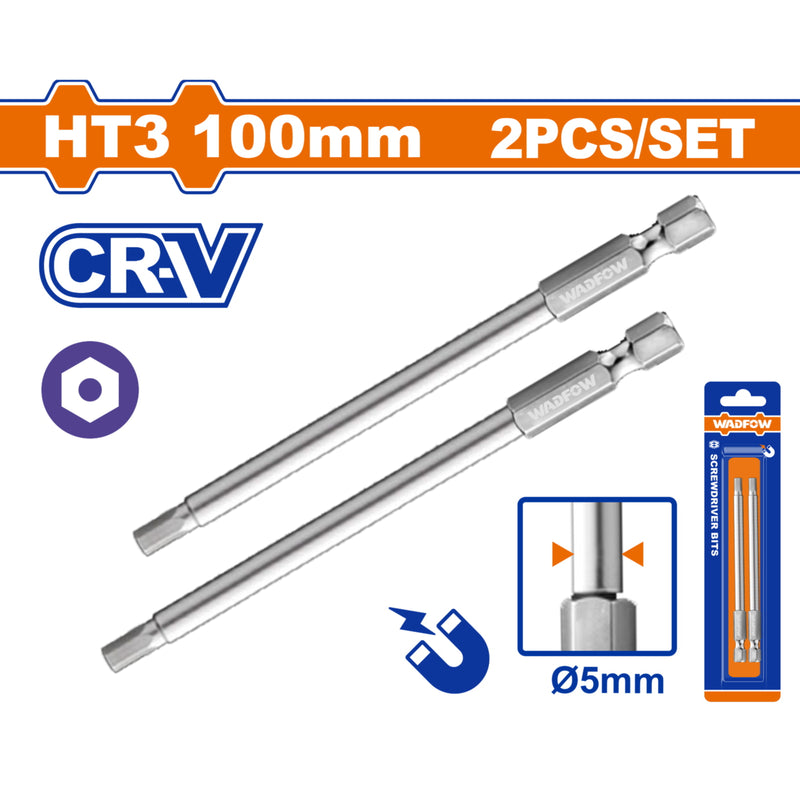 Puntas de Destornillador Hexagonal Torx HT3 100mm díametro 5mm Cr-V Punta magnética. Set de 2 piezas.
