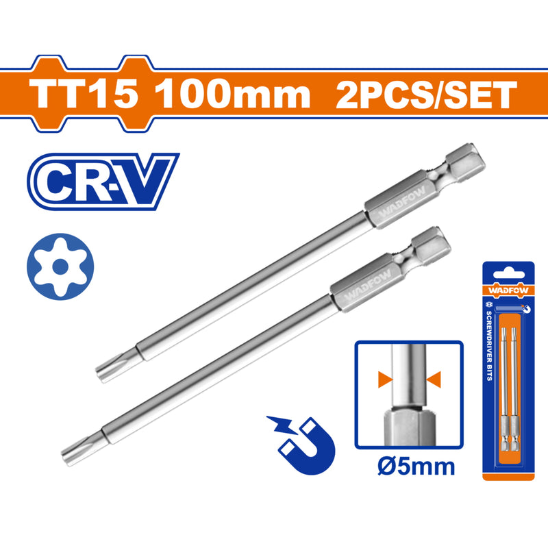 Puntas de Destornillador Torx TT15 100mm díametro 5mm Cr-V Punta magnética. Set de 2 piezas.