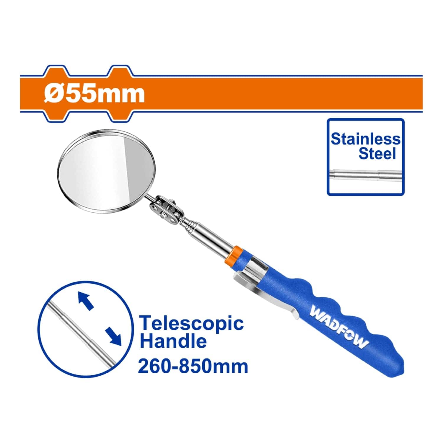 Espejo De Inspección Telescópica. Long: 260Mm-850Mm. Mango De PVC. Acero Inoxidable.