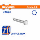 Tornillos Hexagonales 8x20mm Rosca completa. Grado 8.8 Galvanizado. Pernos Hexagonales 250 pzas.