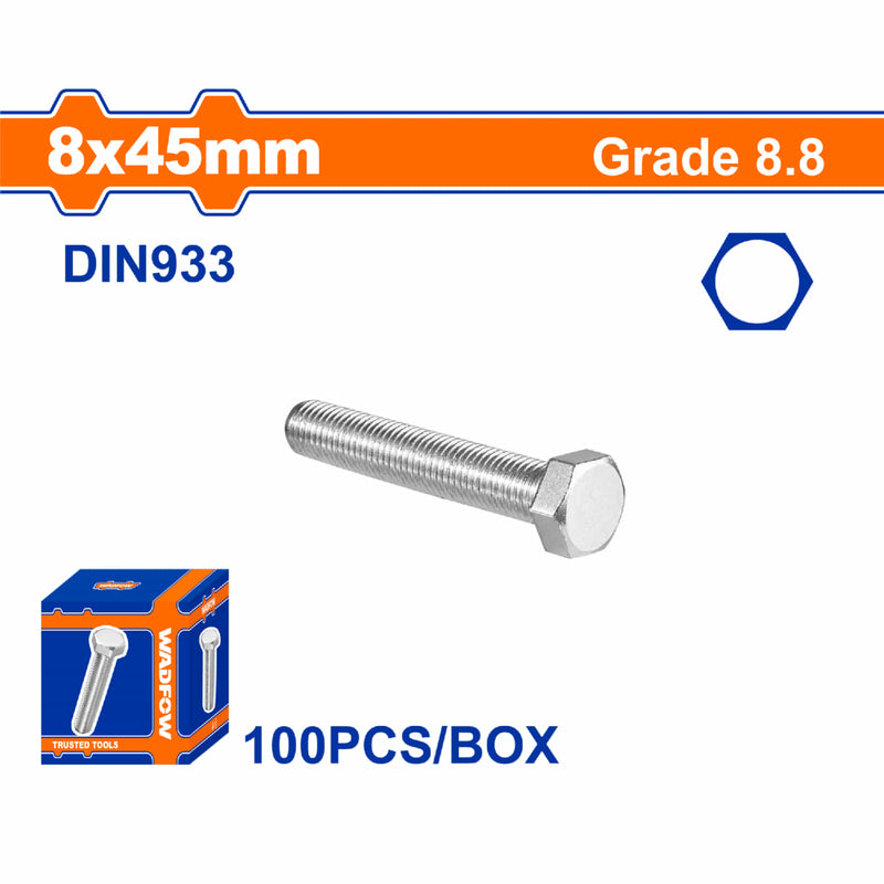 Tornillos Hexagonales 8x45mm Rosca completa. Grado 8.8 Galvanizado. Pernos Hexagonales 100 pzas.