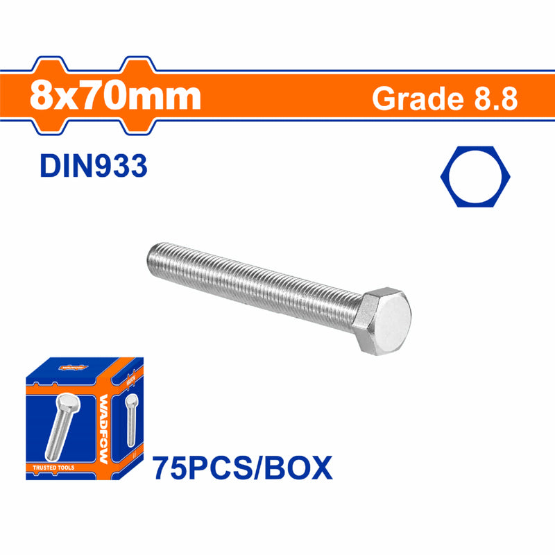 Tornillos Hexagonales 8x70mm Rosca completa. Grado 8.8 Galvanizado. Pernos Hexagonales 75 pzas.