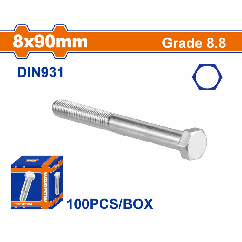 Tornillos Hexagonales 8x90mm Rosca completa. Grado 8.8 Galvanizado. Pernos Hexagonales 100 pzas.