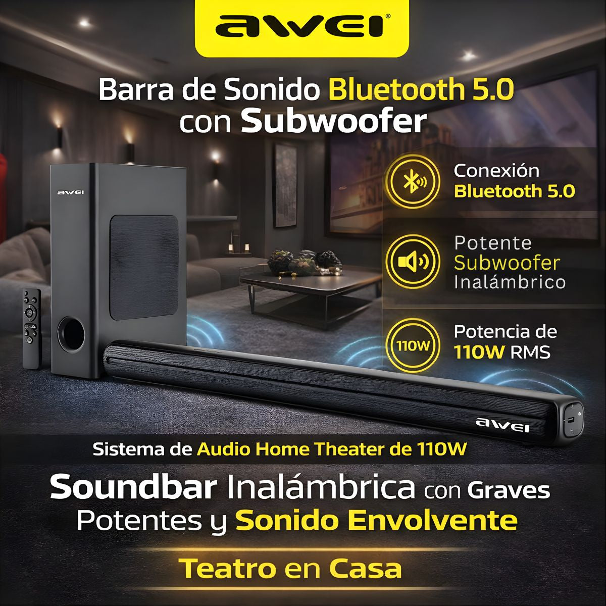 Barra de Sonido Bluetooth 5.0 con Subwoofer. Sistema de Audio Home Theater de 110W. Soundbar Inalámbrica con Graves Potentes y Sonido Envolvente. Teatro en casa.