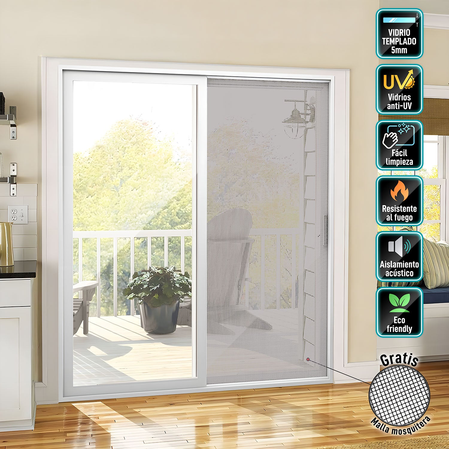 Puerta Ventana Corredera UPVC Blanca 200x220cm Reforzada Anti UV con Vidrio de seguridad Templado 5mm (5 años de Garantía) Incluye malla mosquitera