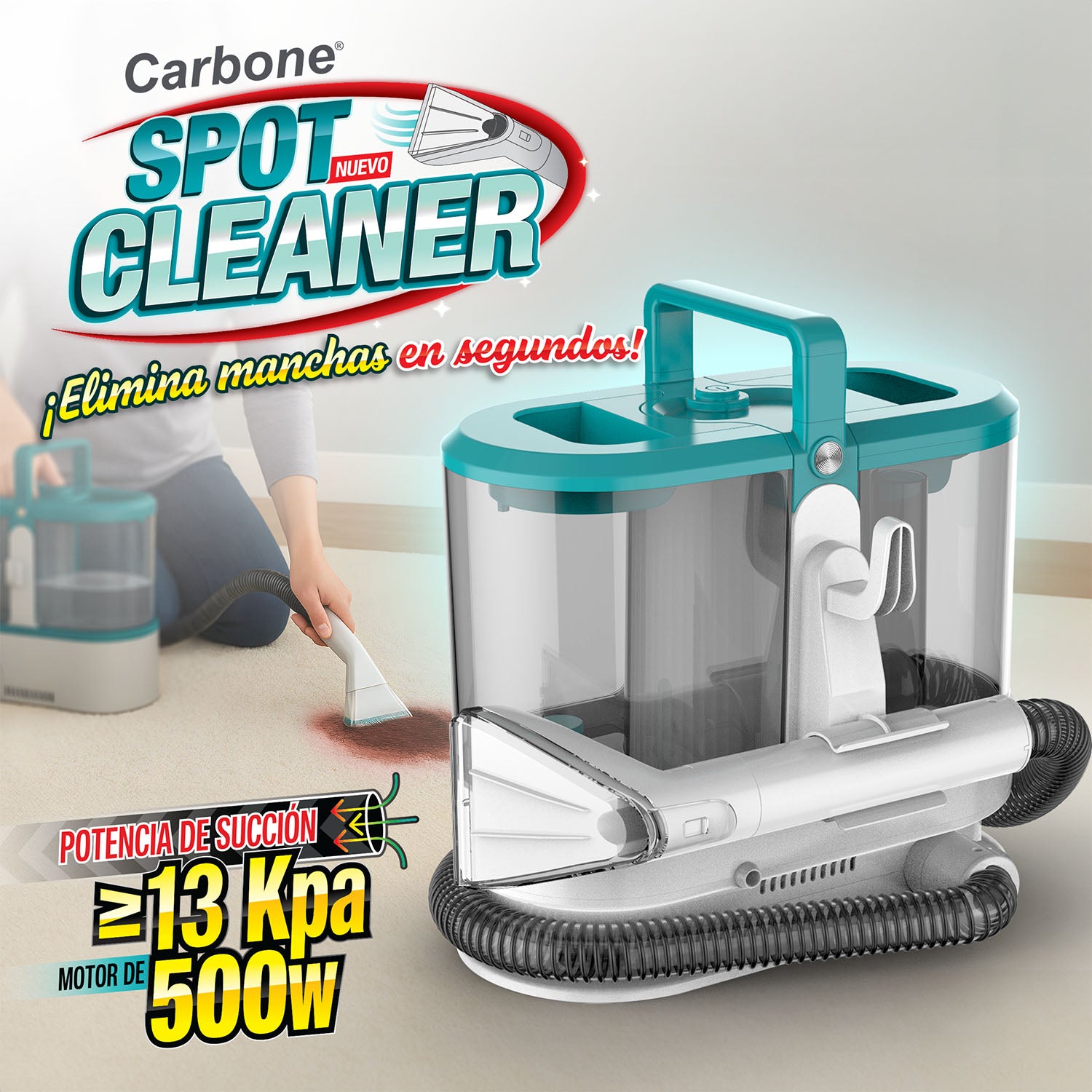 Aspiradora de Agua Spot Cleaner Limpieza de alfombras y tapicería. Portátil,  500W, 120 V, 60 Hz, 1.8 L, Poder de succión 13 kPa. Incluye Dos escobillas. Quita manchas