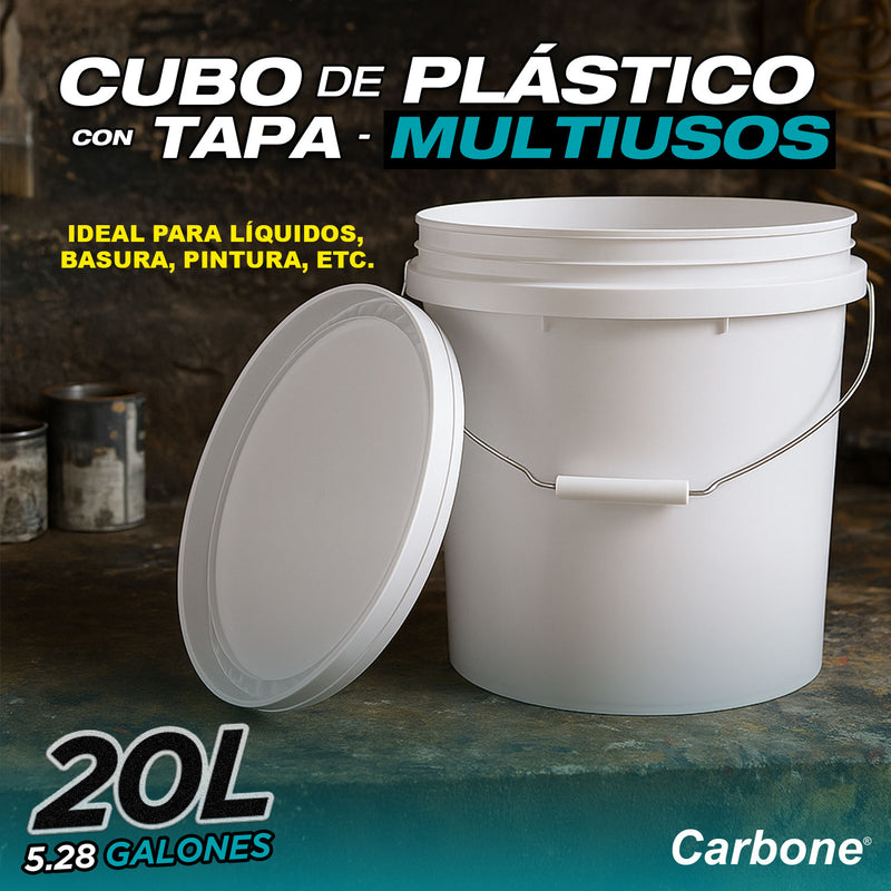 Cubo De Plástico 5 galones con tapa multiusos 20 Litros (5.28 galones). Ideal para líquidos, basura, pintura. Cubeta. Tanque.
