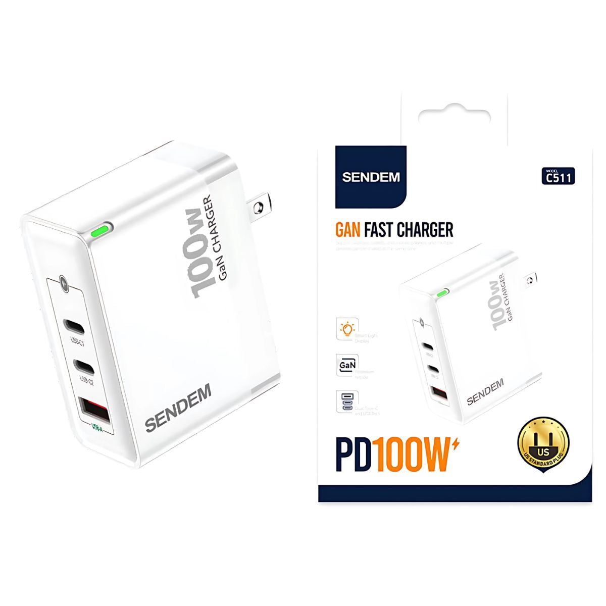 Cubo carga rápida de 100W. Cargador con 2 puerto Tipo-C y 1 USB. (No incluye cable).