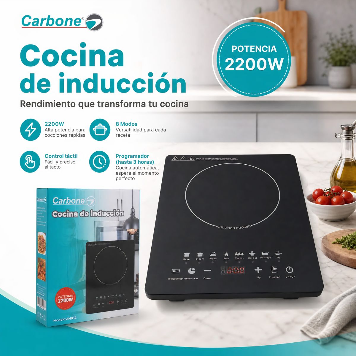 Estufa Inducción Eléctrica Portátil 2200W 110V con Control Táctil y Superficie de Vidrio. Cocina Eléctrica (28x35x6cm). Color Negro