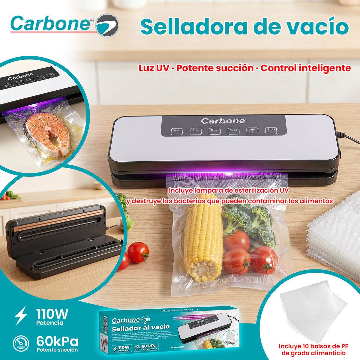 Selladora al Vacío 110W y 60 kPa con Sellado 30 cm. Máquina de Envasado de Alimentos con Panel Táctil Multifunción. Incluye 10 Bolsas