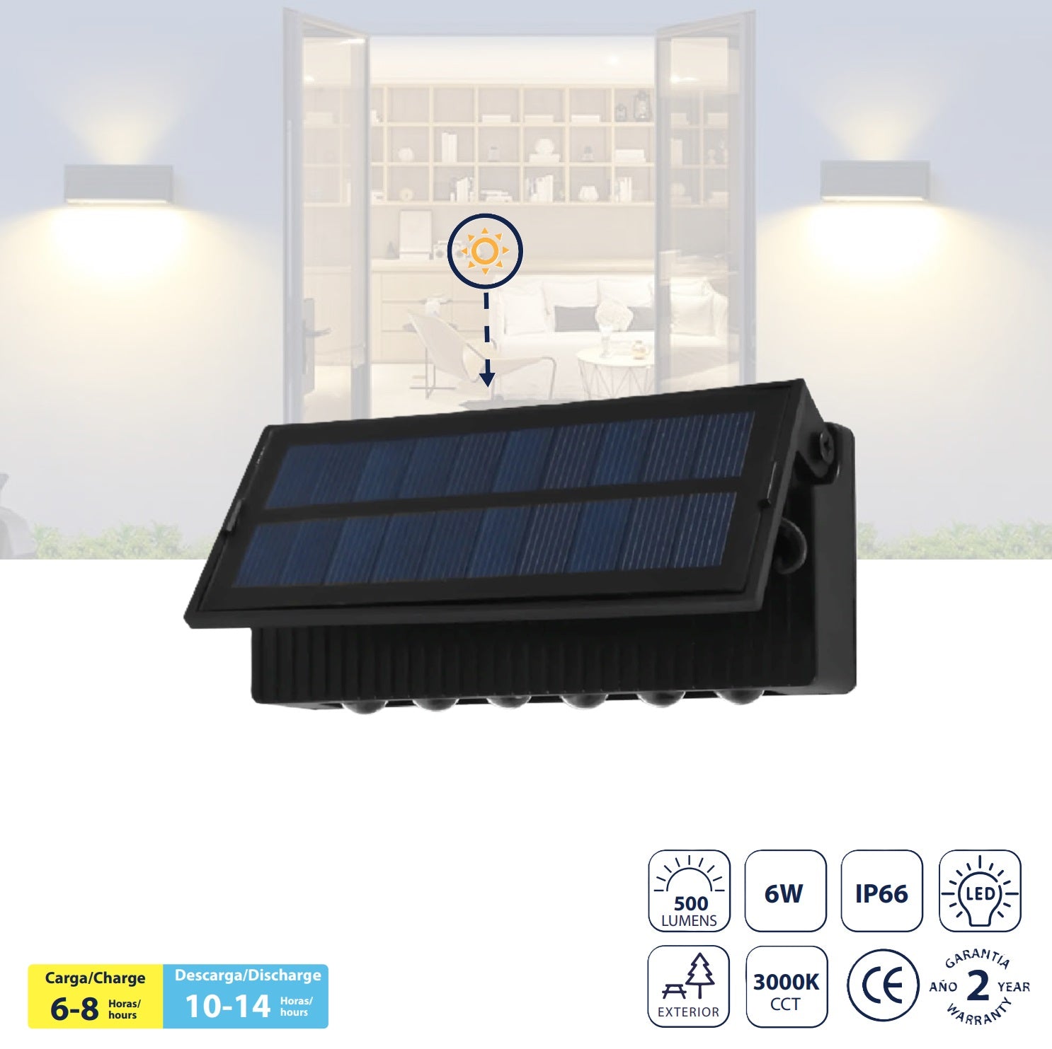 Lámpara de Pared Solar LED 6W 3000K 500lm Batería 1500mAh .Carga Rápida. Luz solar para exteriores.