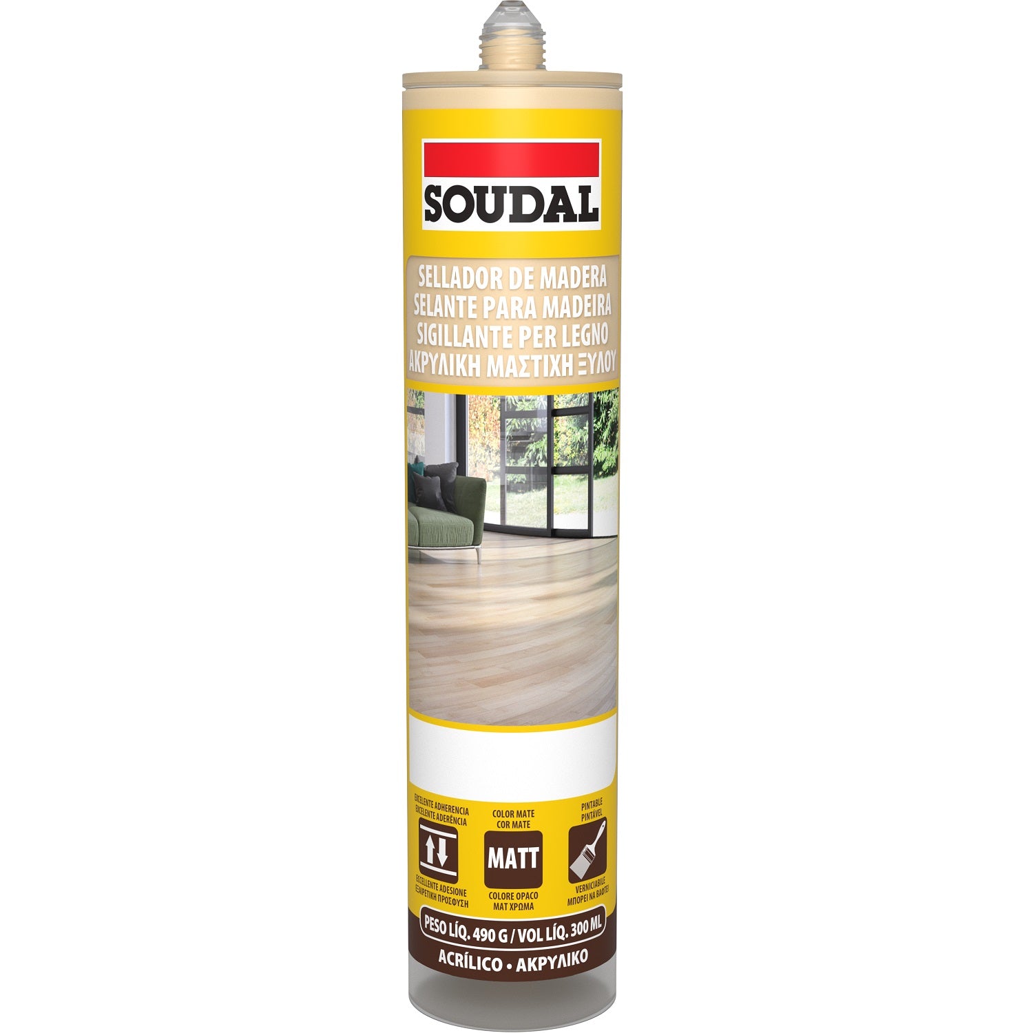 Sellador acrílico para madera, color oak (roble) claro. Soudal, 300 ml