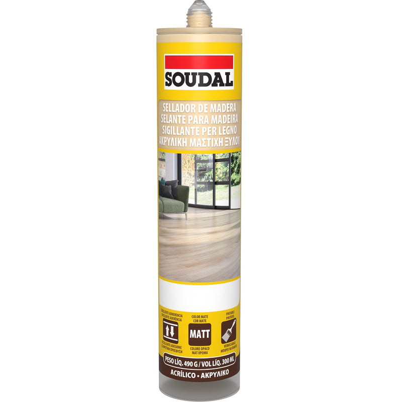 Sellador acrílico para madera, color oak (roble) claro. Soudal, 300 ml