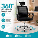 Silla de Oficina Ergonómica Negra con Reposacabezas y Altura Ajustable. Silla de Escritorio con Malla Transpirable, Base de Acero y Ruedas (48x60x98-106cm)