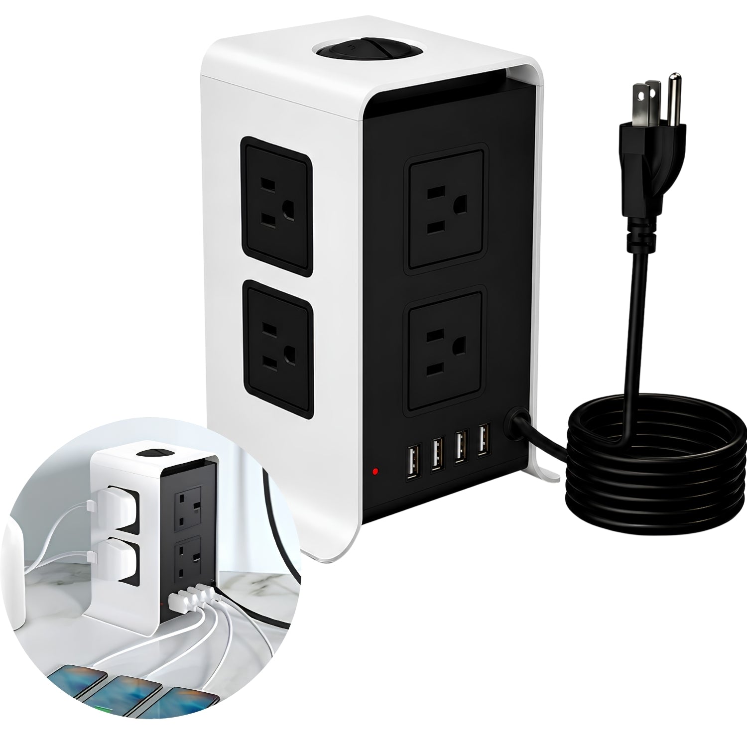 Regleta Torre de 8 Tomas AC, 4 USB. Toma Corriente 10A con Interruptor Protección Sobrecarga 110V . Color Negro con Blanco (16x12x9cm).
