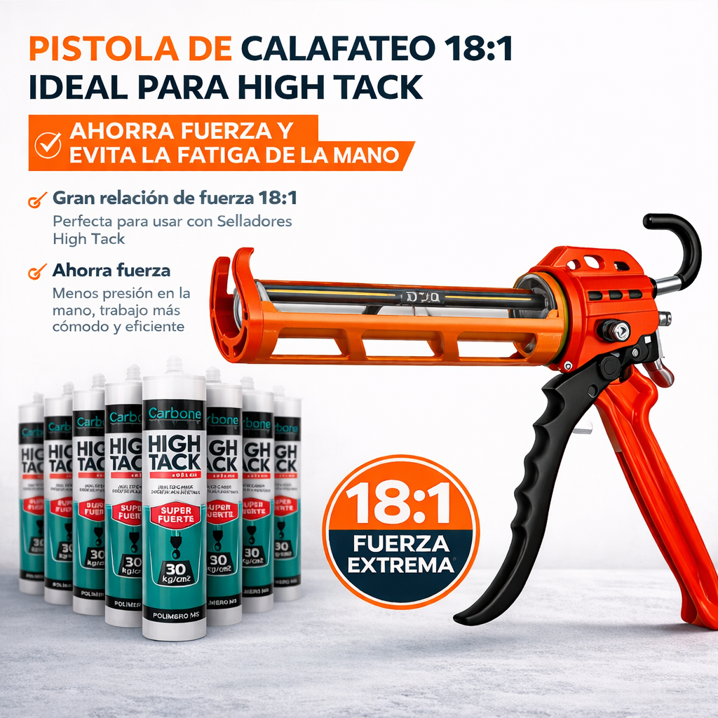 Pistola calafateadora 9” aluminio y acero relación empuje 18:1 alta presión ahorro esfuerzo especial para high tack evita fatiga.