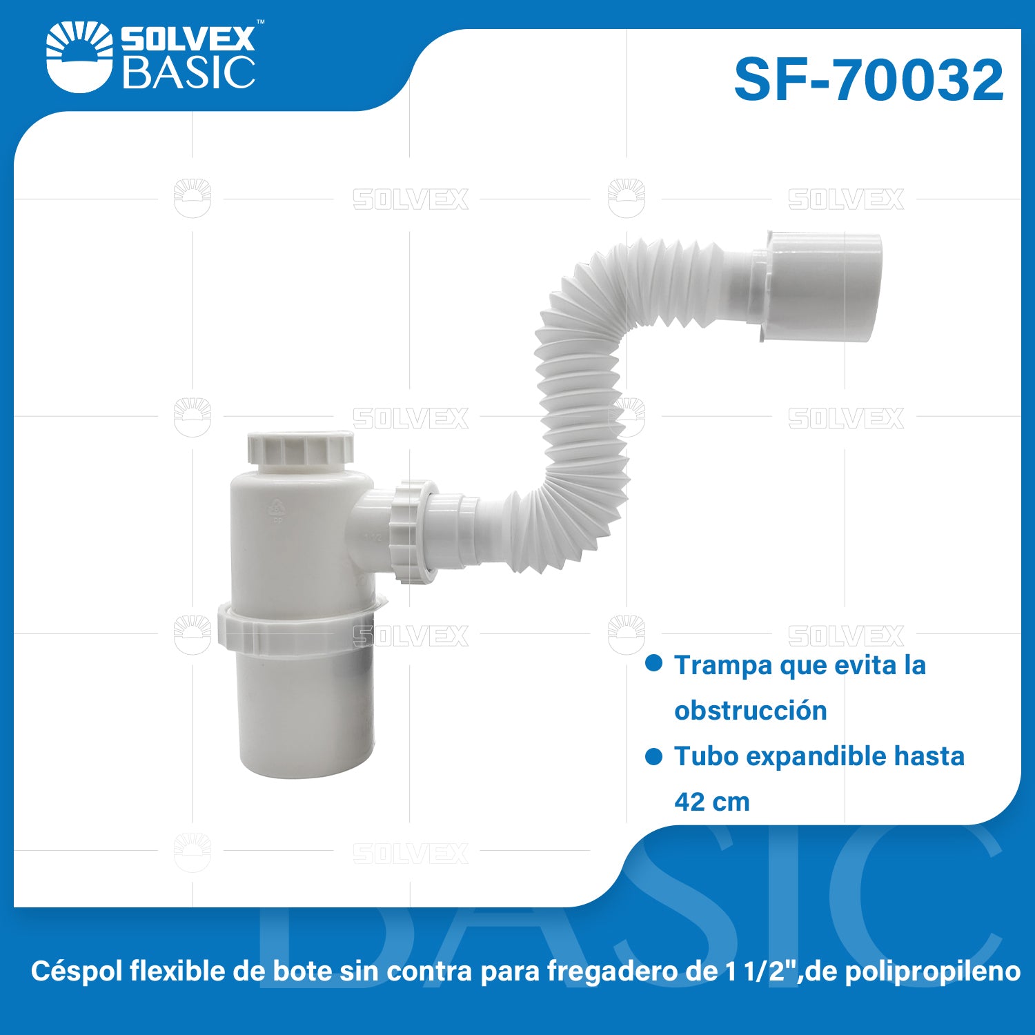 Trampa Sifón Botella para Fregador 1 1/2". Tubo Flexible Expandible 42cm. Drenaje Ajustable.